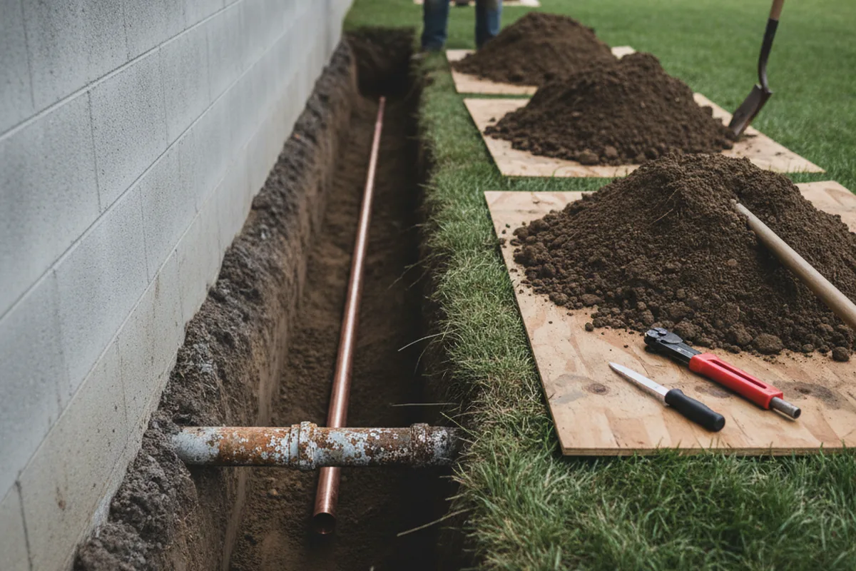 Excavated water line trench during Sewer Line Repair in Kenton